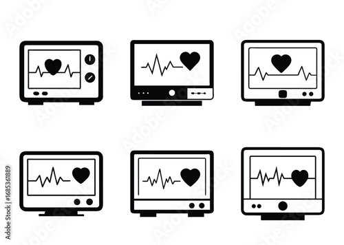 Collection of heart monitors displaying EKG rhythm with heart symbol graphic