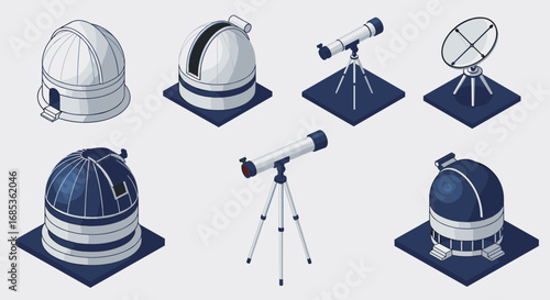 Isometric observatories and telescopes: modern astronomy icons in 3d design