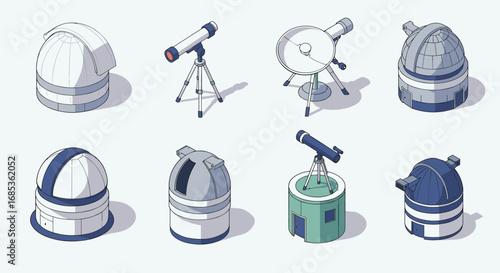 Isometric collection of telescopes and observatories on white background