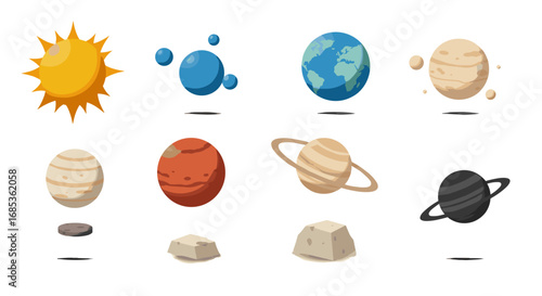 Solar system set: sun, planets, earth, mars, saturn, mercury in flat design