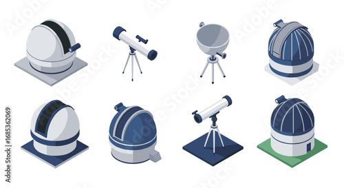Isometric telescope and observatory icons set for astronomy and science themes