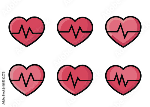 Collection of red heart icons representing heartbeat or cardiogram pulse trace