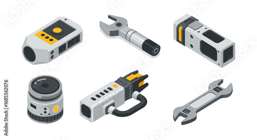 Futuristic isometric tools and gadgets for modern technology design