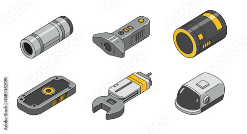 Futuristic tool and gadget collection in isometric style with metallic accents