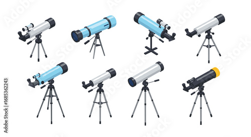 Collection of isometric telescopes on tripods in various designs and colors