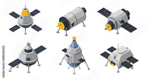 Isometric spacecraft set with diverse satellite and module designs