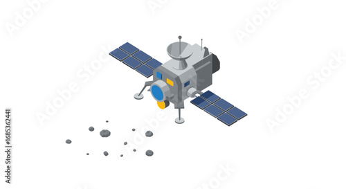 Isometric space probe with solar panels and asteroids in minimalist design