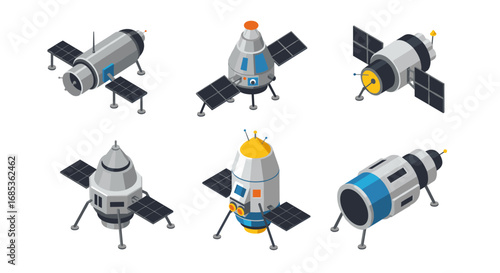 Isometric spacecraft collection: futuristic designs in vibrant colors