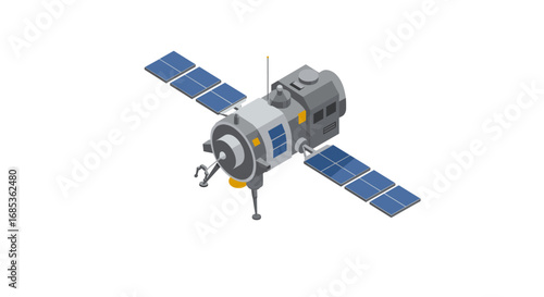 Isometric spacecraft with solar panels and antennas in modern style on white background
