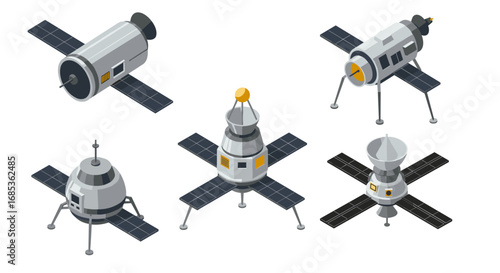 Isometric spacecraft set with solar panels and antennas in modern design
