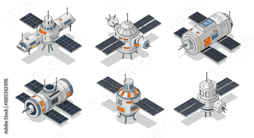 Isometric space stations: set of six futuristic satellite designs with solar panels