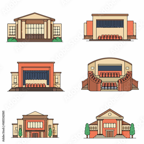 Vector illustration set of various theater buildings, stages, and auditoriums with seating for performances and events.