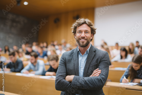 young professor standing confidently in front of a university auditorium, clean and modern academic setting