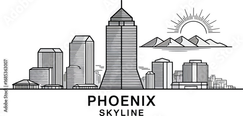 Phoenix Arizona Skyline Outline Vector Illustration with Mountains and Sun Drawing Design