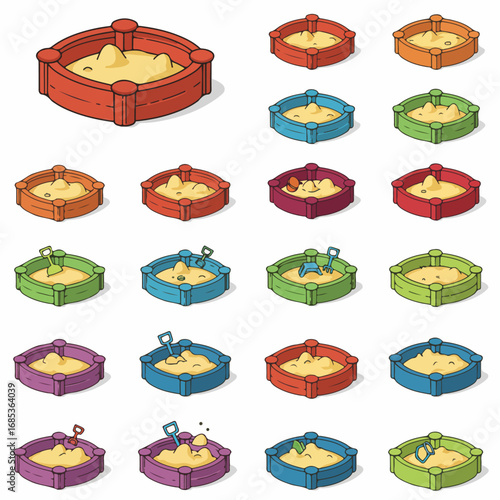 Colorful Isometric Sandboxes with Playful Sand and Toys Collection, perfect for childhood fun and outdoor activities.