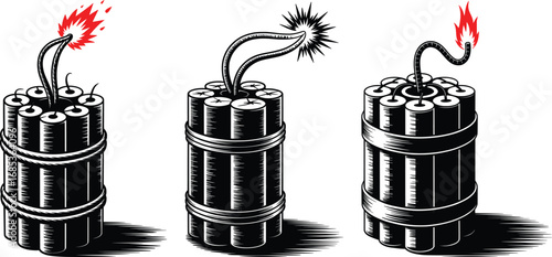 Dynamite Bomb Bundle Set Vector, Explosive Sticks with Burning Fuse Illustration.