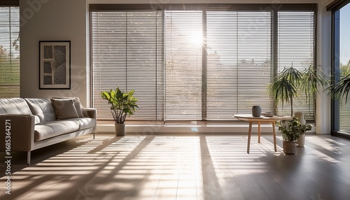 sleek aluminum venetian blinds tilted open allowing soft light to filter through casting intricate shadows on the floor in a modern living room