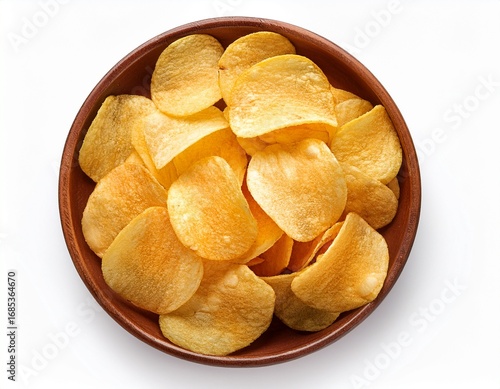 bowl full of potato chips top view on white background