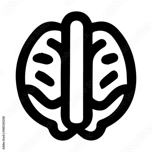 A black and white drawing of a brain with a stem. The drawing is simple and minimalistic, with no color. The brain is the main focus of the image, and the stem is a secondary element