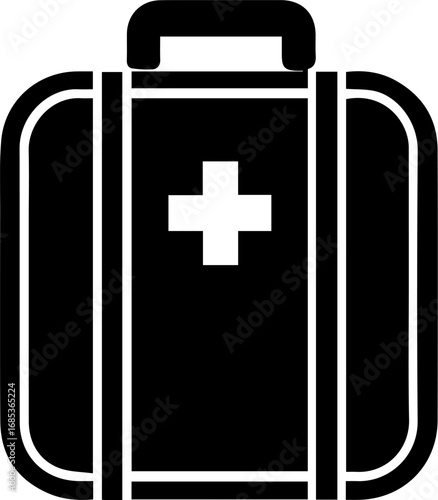 Black suitcase with a red cross on it. The suitcase is a symbol of medical care