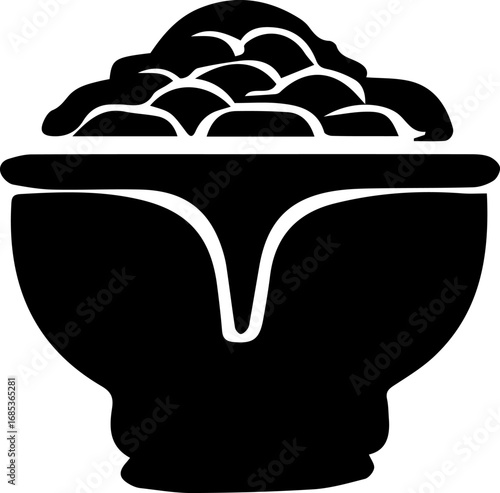 Bowl of food with a lot of food in it. The bowl is black and white