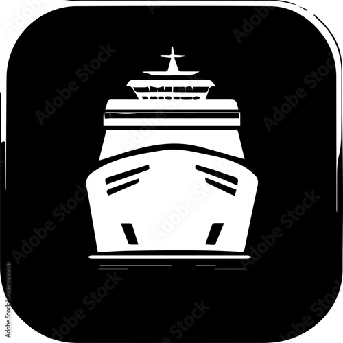 White and black square with a boat in the middle. The boat is a cruise ship