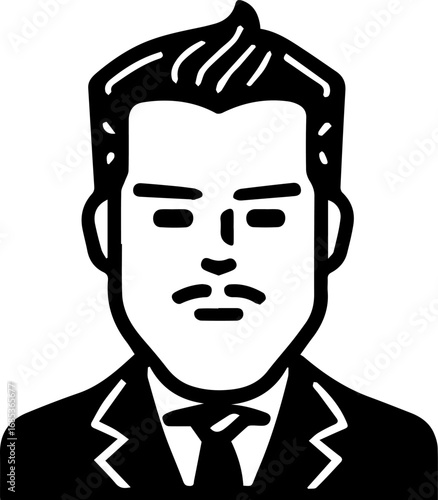 Man with a mustache and a tie. He looks serious and is wearing a suit. The image is black and white