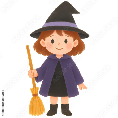 Cute Little Witch with Broom Halloween Illustration