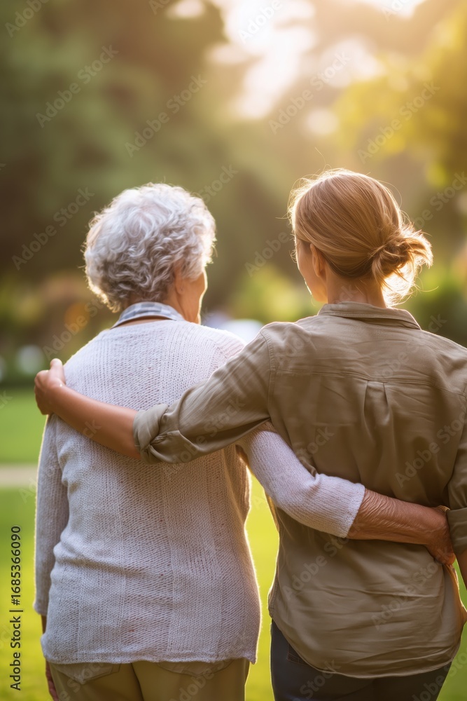 Naklejka premium Young Woman Walking with Arm Around Elderly Mother Outdoors