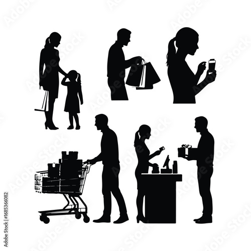 Black silhouettes of people shopping and interacting at a store retail consumer