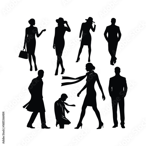 Collection of black silhouettes of men and women in various poses and attire people woman