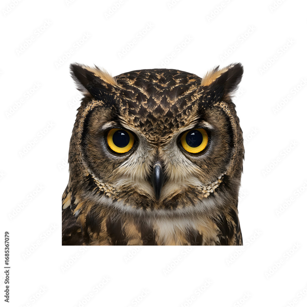 Obraz premium Realistic owl face illustration isolated on white fr wildlife themes, fantasy forest artwork, or mysticl gothic decor