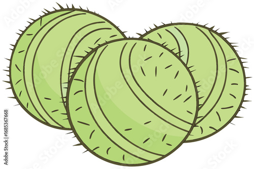 Three spiky green fruits with stripes are arranged together, depicted on a transparent background