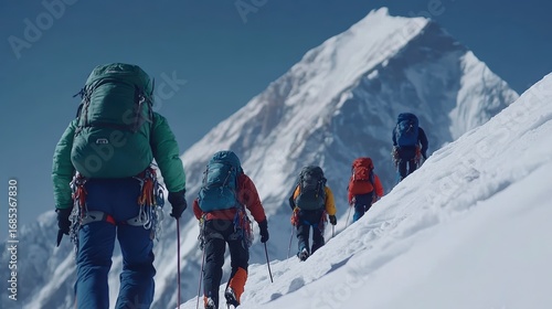 A group of mountaineers, wearing green and blue climbing gear with backpacks on their backs, are walking up the snow-covered Himalayan mountains in front of them. The sky is clear