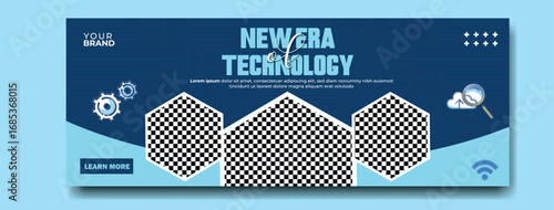 Modern new era technology concept featuring abstract geometric shapes and futuristic imagery on a deep blue background