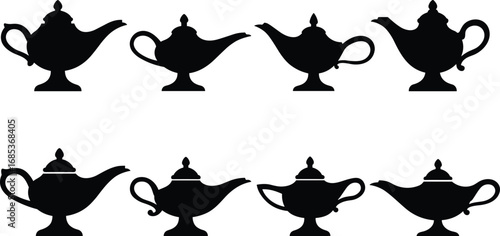 Magic genie lamp silhouettes collection, antique Aladdin oil lamp vector icons, black vintage Arabian lamp design isolated on white background