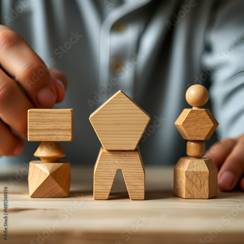 Closeup hand of man pick the wood block, categorize geometric wood toy into the row