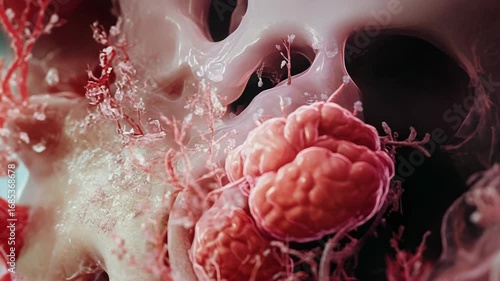 Brain tumor growing and spreading inside human brain, showing blood vessels and nervous system
