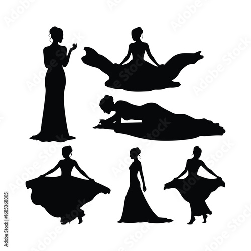 Black silhouettes of women in elegant dresses in various poses woman female