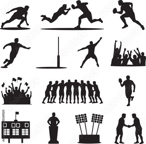 American football players in action and cheering crowd icons Keywords: American football