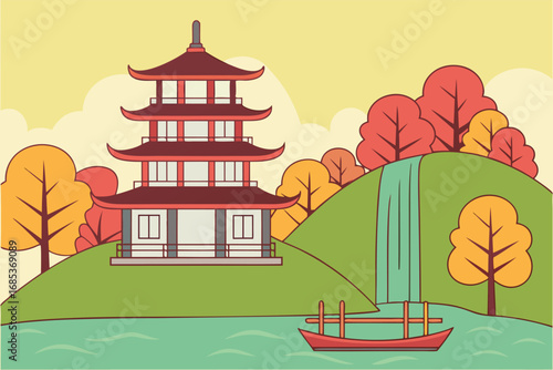 Asian pagoda sits serenely near autumn trees waterfall and boat upon calm water