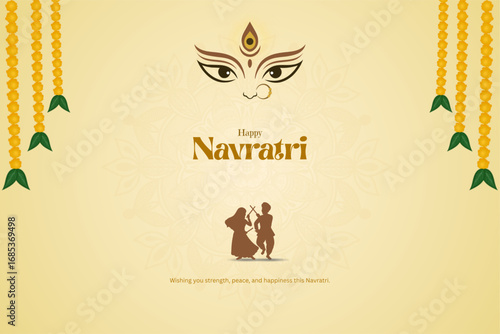 Happy Navratri Greeting with Maa Durga Illustration and Garba Dance Silhouette
