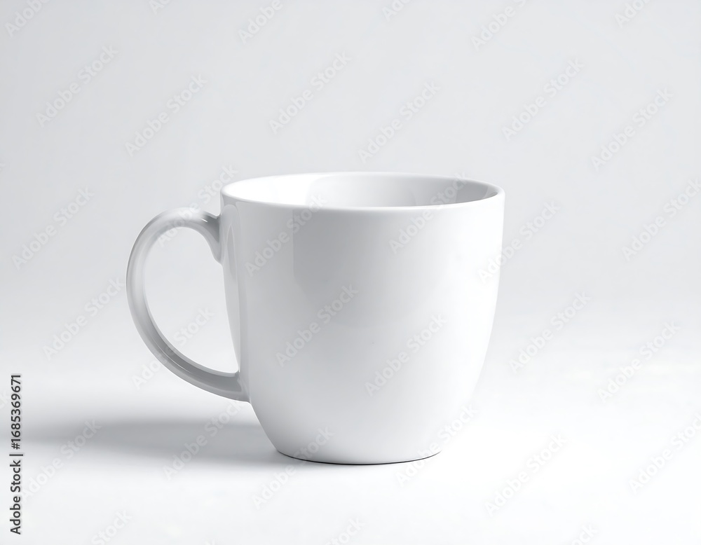 Fototapeta premium Clean white ceramic mug with handle on a bright studio background, ready for customization