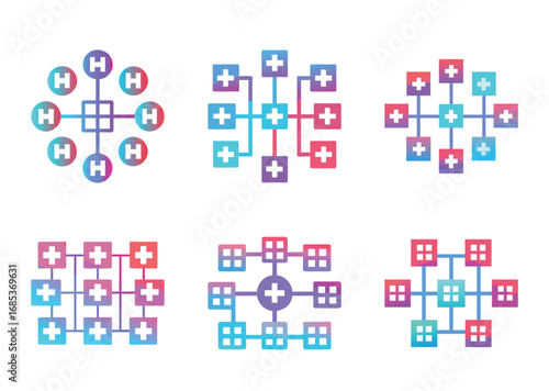 Set of colorful network diagrams showing different node and link structures