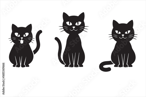 Three black cats sitting and looking forward with different expressions silhouette white background