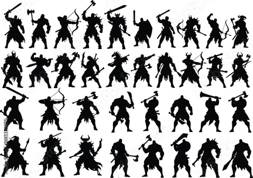 Dynamic warrior silhouettes ready for battle with swords, axes, and bows