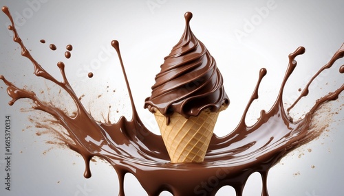 melted chocolate ice cream cone with splashing melted chocolate on white background