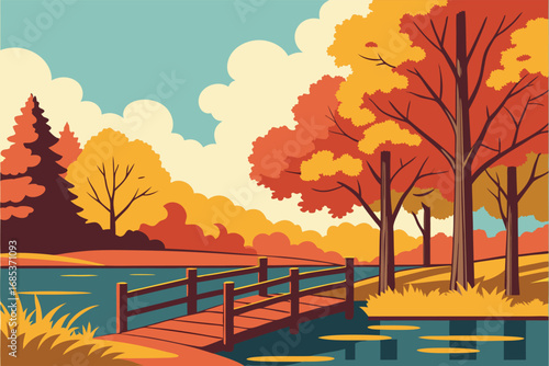Autumn landscape displays orange trees reflecting in lake and wooden bridge crossing to forested area