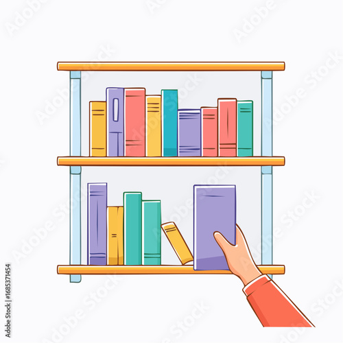 Hand Placing Book On Colorful Bookshelf