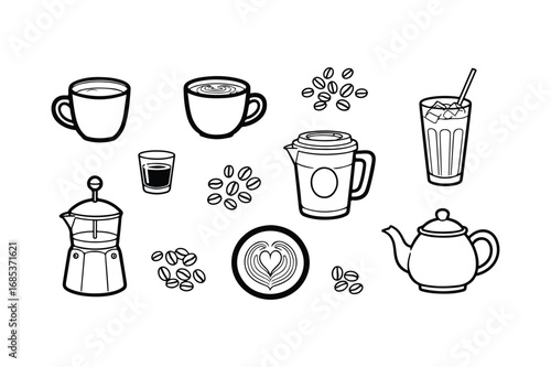 Black and white line art collection of coffee drinks and accessories espresso latte art